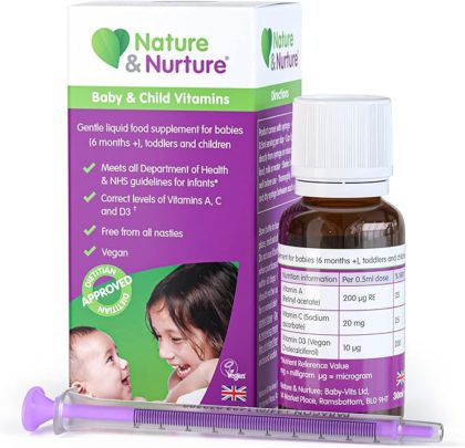 Отмеченные наградами витамины для младенцев и детей от Nature & Nurture. Безопасные для веганов нежные жидкие мультивитаминные капли для младенцев, малышей и детей. Сделано в Великобритании. 60 доз.